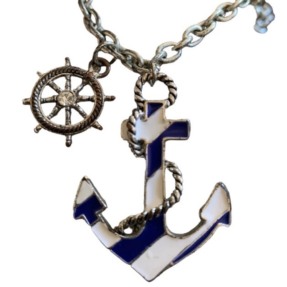 Blue & White Anchor Ship Wheel Fashion Nautical Necklace Jewelry